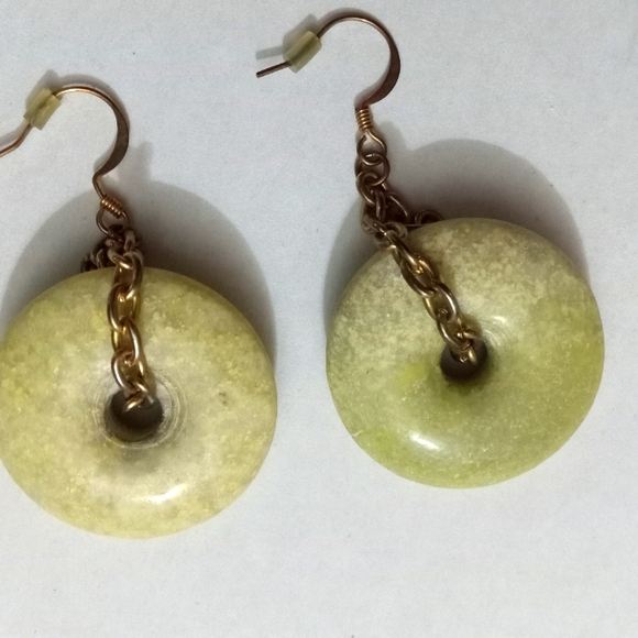 Jade Celestial Circle Mill Stone Earrings - Vintage Gold Chain - Picture 2 of 5